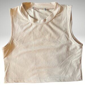 Ribbed High-Neck Crop Top – Dusty Yellow/Beige – Size Small